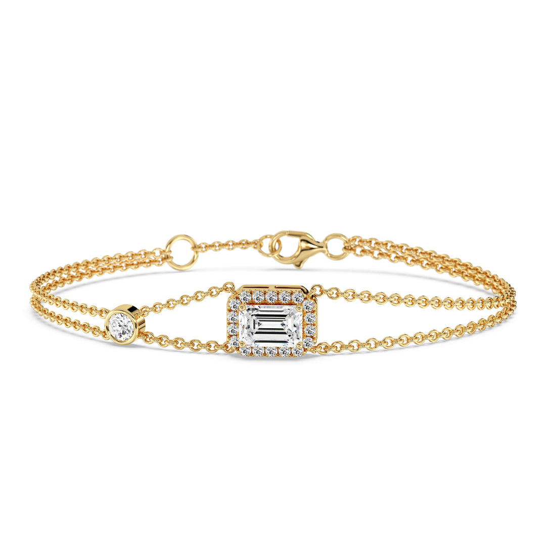 Double Chain Bracelet in 18K Yellow Gold with an Emerald-Cut Lab-Grown Diamond in Halo Setting, featuring a 1ct center stone and 19 round EF/VS lab diamonds