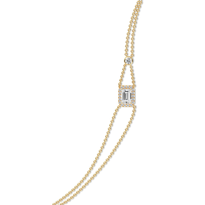 Double Chain Bracelet in 18K Yellow Gold with an Emerald-Cut Lab-Grown Diamond in Halo Setting, featuring a 1ct center stone and 19 round EF/VS lab diamonds