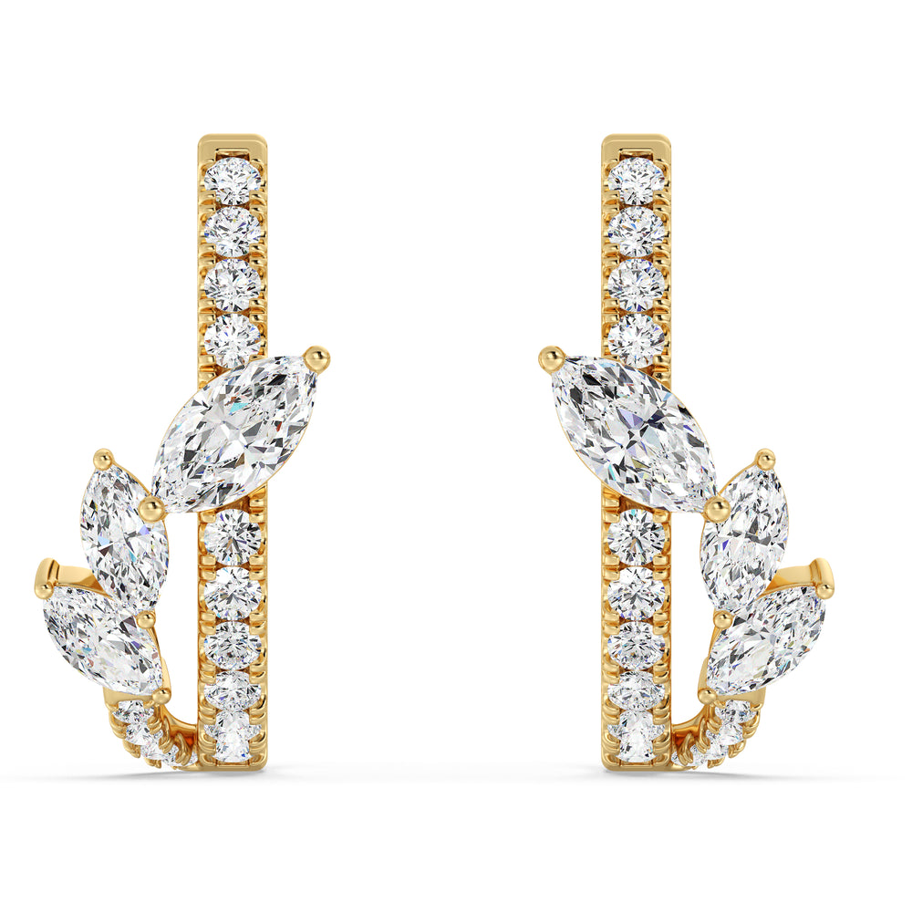 Elegant 18KT Yellow Gold Twist Hoop Earrings adorned with Marquise-Cut and Round Lab-Grown Diamonds, featuring 34 diamonds totaling 1.148ct