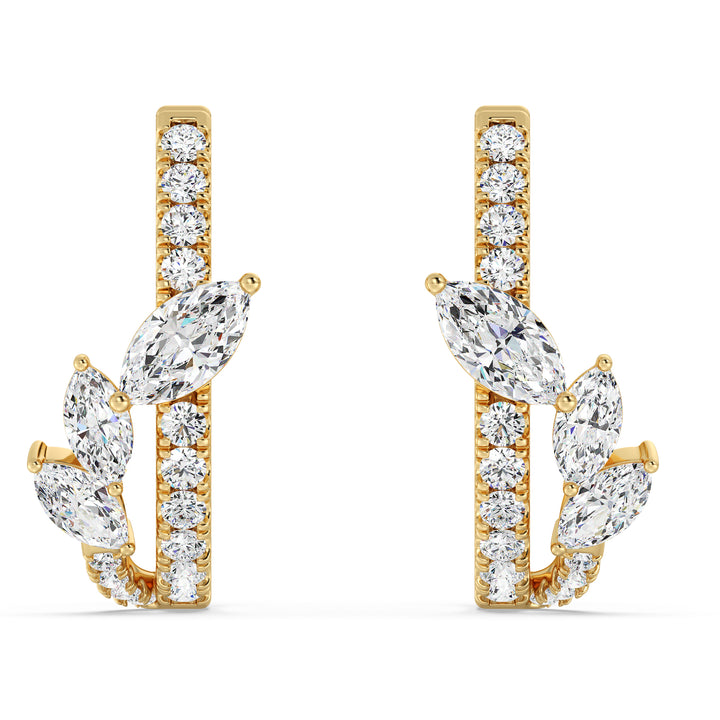 Elegant 18KT Yellow Gold Twist Hoop Earrings adorned with Marquise-Cut and Round Lab-Grown Diamonds, featuring 34 diamonds totaling 1.148ct