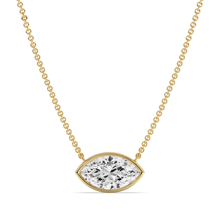 Elegant 2 Carat Lab-Grown Marquise-Cut Diamond Bezel-Set Solitaire Pendant Necklace in 18K Yellow Gold, showcasing a brilliant E/VS diamond in a sleek bezel setting.