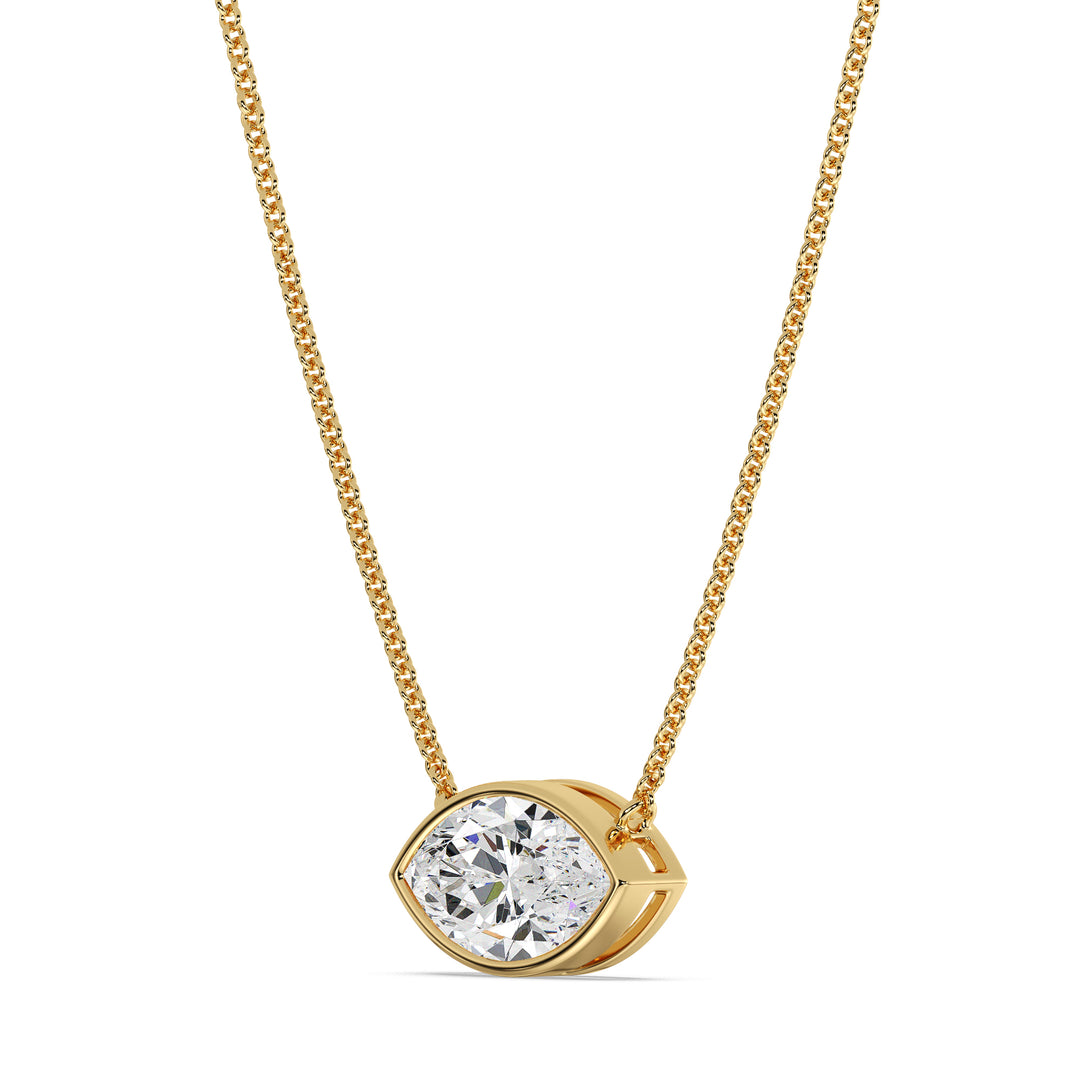 Elegant 2 Carat Lab-Grown Marquise-Cut Diamond Bezel-Set Solitaire Pendant Necklace in 18K Yellow Gold, showcasing a brilliant E/VS diamond in a sleek bezel setting.