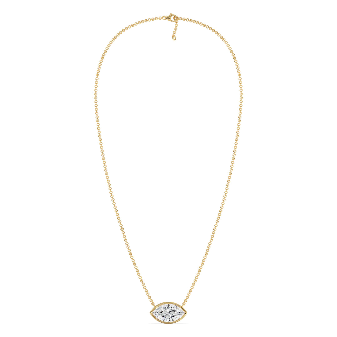 Elegant 2 Carat Lab-Grown Marquise-Cut Diamond Bezel-Set Solitaire Pendant Necklace in 18K Yellow Gold, showcasing a brilliant E/VS diamond in a sleek bezel setting.