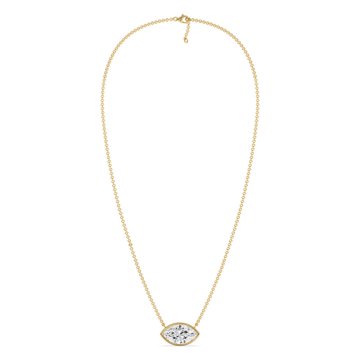 Elegant 2 Carat Lab-Grown Marquise-Cut Diamond Bezel-Set Solitaire Pendant Necklace in 18K Yellow Gold, showcasing a brilliant E/VS diamond in a sleek bezel setting.