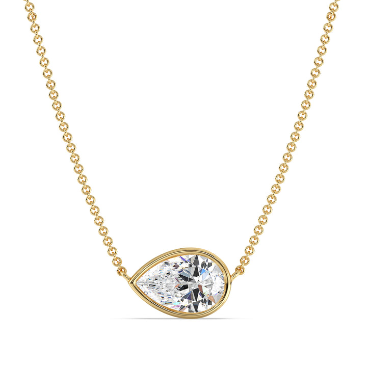 Elegant 2 Carat Lab-Grown Pear-Cut Diamond Bezel-Set Solitaire Pendant Necklace in 18K Yellow Gold, showcasing a radiant E/VS pear-cut diamond in a smooth bezel setting.