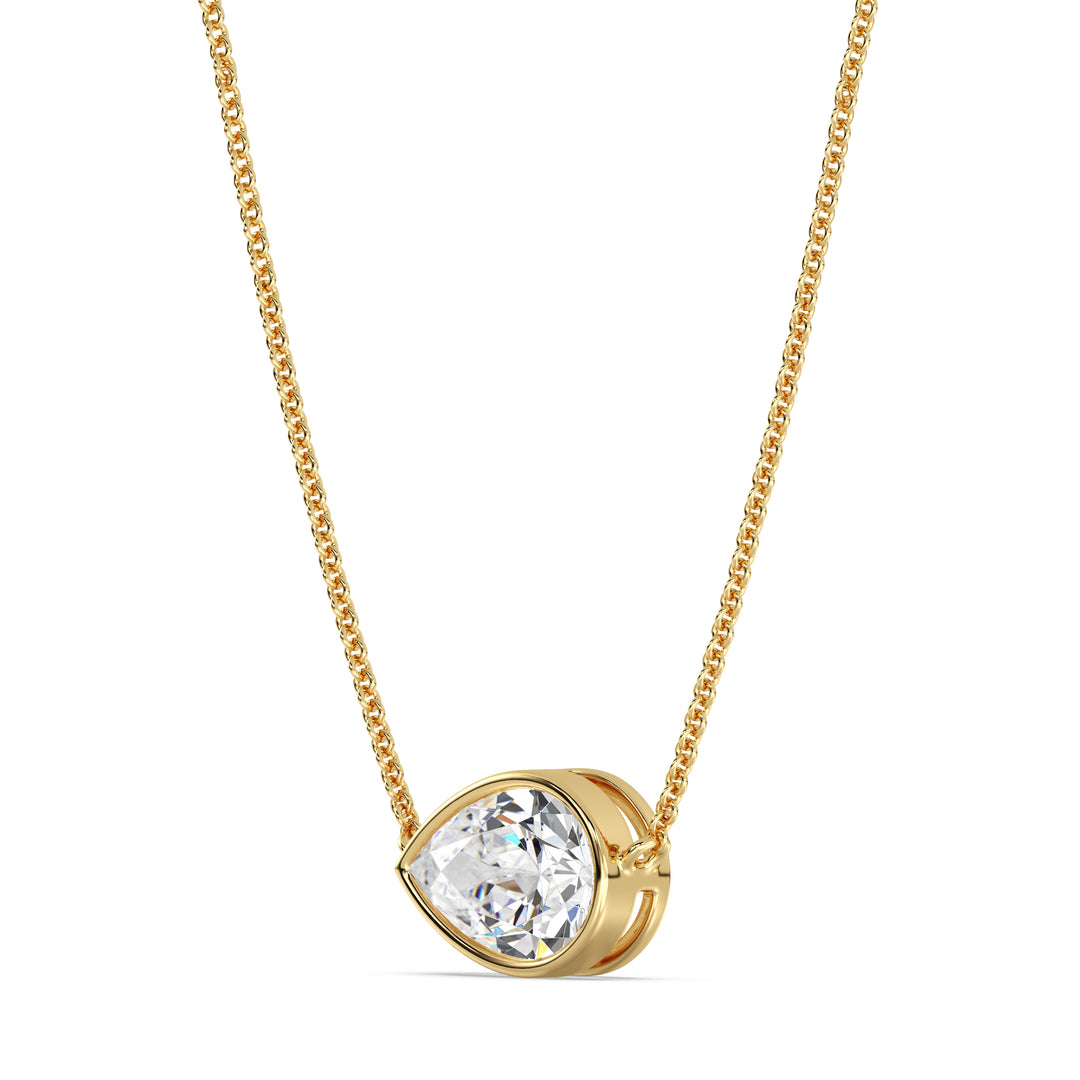 Elegant 2 Carat Lab-Grown Pear-Cut Diamond Bezel-Set Solitaire Pendant Necklace in 18K Yellow Gold, showcasing a radiant E/VS pear-cut diamond in a smooth bezel setting.