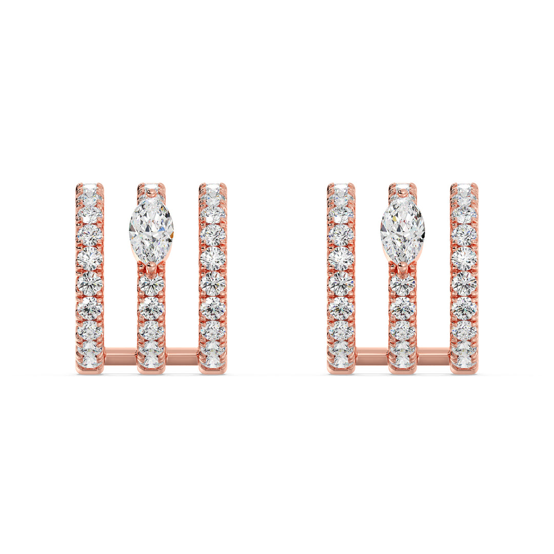 Elegant 3-Line Half Hoop Earrings in 18KT Rose Gold with Lab-Grown Diamonds, featuring round and marquise-cut stones totaling 0.68 carats