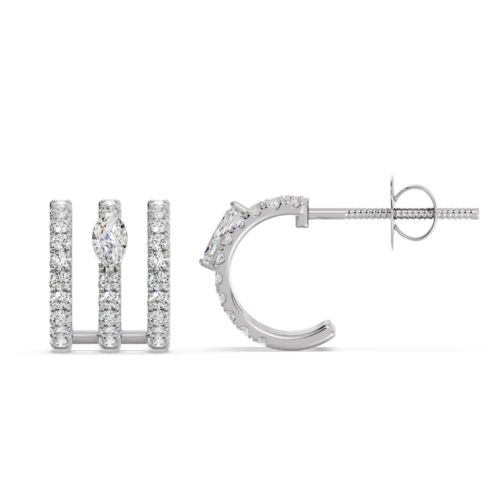 Elegant 3-Line Half Hoop Earrings in 18KT White Gold with Lab-Grown Diamonds, featuring round and marquise-cut stones totaling 0.68 carats