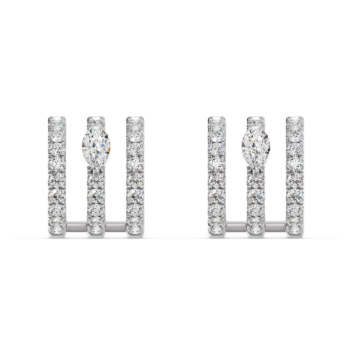 Elegant 3-Line Half Hoop Earrings in 18KT White Gold with Lab-Grown Diamonds, featuring round and marquise-cut stones totaling 0.68 carats