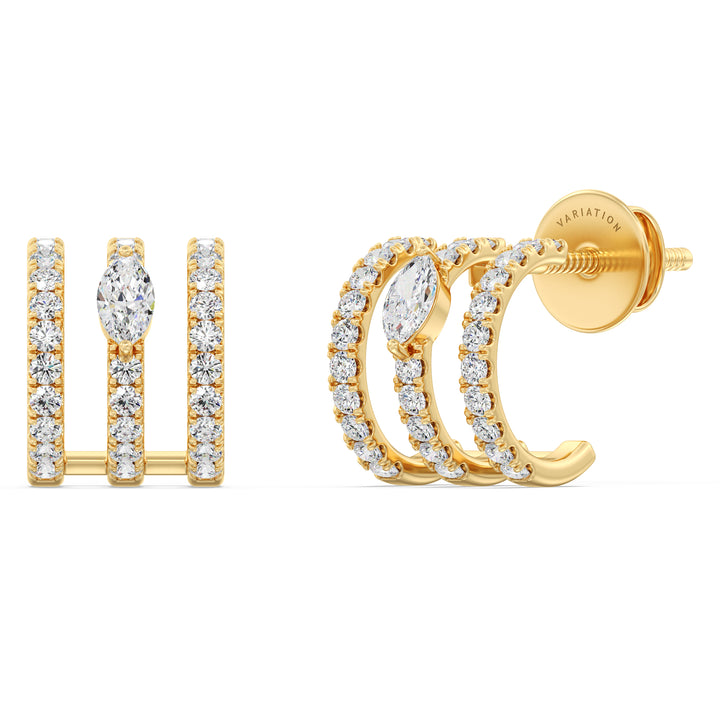 Elegant 3-Line Half Hoop Earrings in 18KT Yellow Gold with Lab-Grown Diamonds, featuring round and marquise-cut stones totaling 0.68 carats