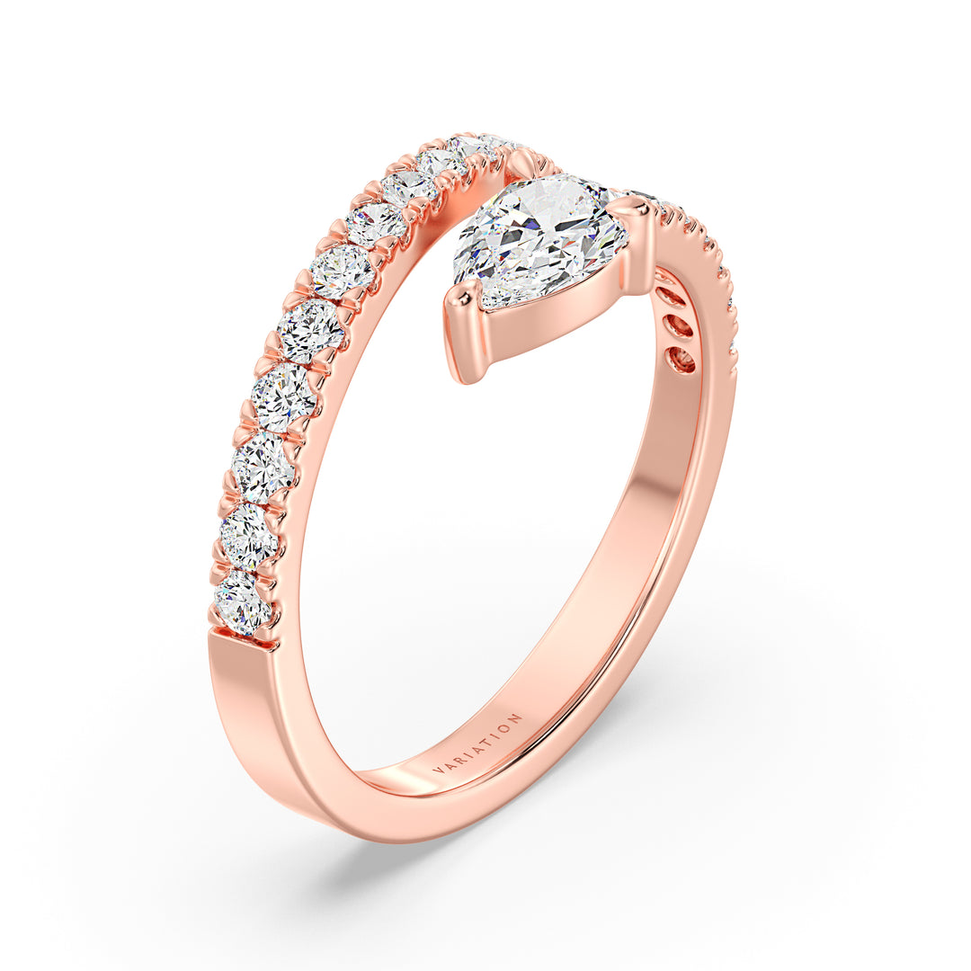 Elegant Pear-Shaped Lab-Grown Diamond Adjustable Open Cuff Ring in 18K Rose Gold, showcasing a 0.50ct pear-shaped diamond at the center with 25 round-cut diamonds totaling 0.45ct. The romantic blush hue of rose gold beautifully complements the sparkling diamonds, offering a modern and elegant aesthetic.