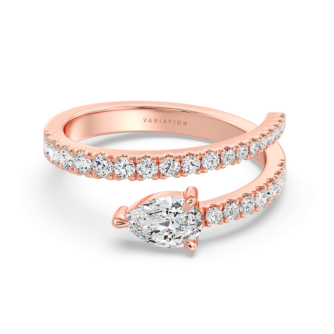 Elegant Pear-Shaped Lab-Grown Diamond Adjustable Open Cuff Ring in 18K Rose Gold, showcasing a 0.50ct pear-shaped diamond at the center with 25 round-cut diamonds totaling 0.45ct. The romantic blush hue of rose gold beautifully complements the sparkling diamonds, offering a modern and elegant aesthetic.