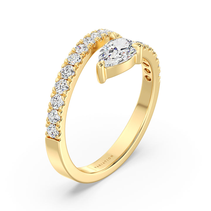 Elegant Pear-Shaped Lab-Grown Diamond Adjustable Open Cuff Ring in 18K Yellow Gold, featuring a 0.50ct pear-shaped diamond at the center and 25 round-cut diamonds totaling 0.45ct along the open cuff design. The warm tone of yellow gold enhances the brilliance of the diamonds, creating a luxurious and timeless look.