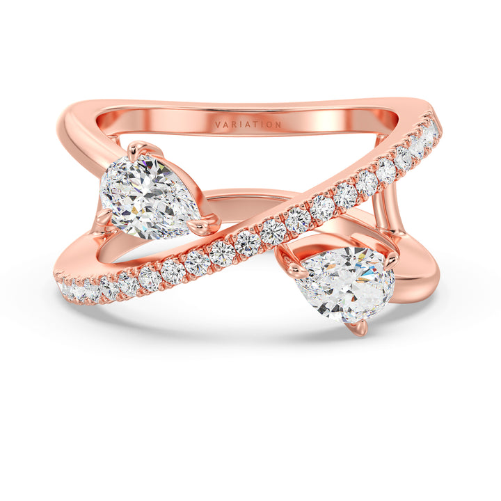 Elegant Pear-Shaped Lab-Grown Diamond Dual-Stone Twisted Ring in 18K Rose Gold with two 0.50 ct EF/VS pear-cut diamonds and 21 round-cut diamonds