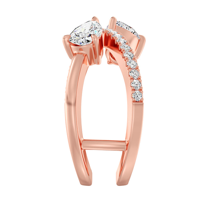 Elegant Pear-Shaped Lab-Grown Diamond Dual-Stone Twisted Ring in 18K Rose Gold with two 0.50 ct EF/VS pear-cut diamonds and 21 round-cut diamonds