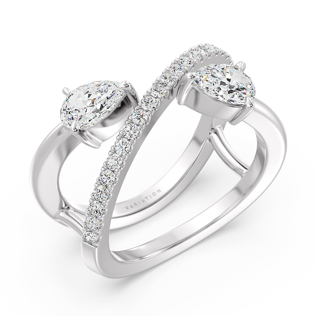 Elegant Pear-Shaped Lab-Grown Diamond Dual-Stone Twisted Ring in 18K White Gold set with two 0.50 ct EF/VS pear-cut diamonds and 21 round-cut diamonds