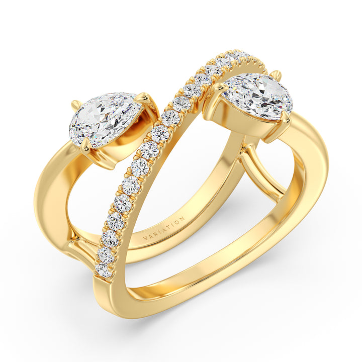 Elegant Pear-Shaped Lab-Grown Diamond Dual-Stone Twisted Ring in 18K Yellow Gold featuring two 0.50 ct EF/VS pear-cut diamonds and 21 round-cut diamonds