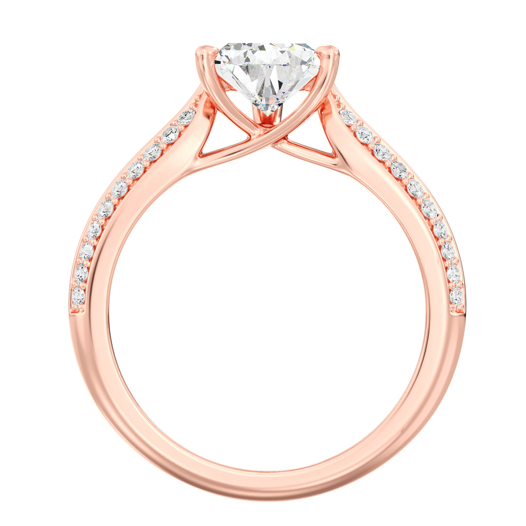 Elegant Pear Cut Lab Grown Diamond Engagement Ring with Pavé Band in 18K Rose Gold, showcasing a pear-shaped center diamond and pavé-set round diamonds