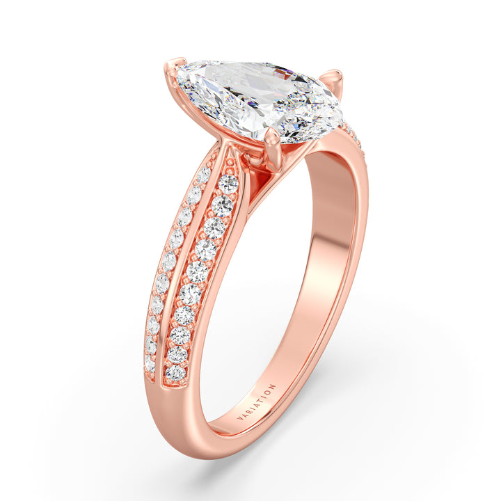 Elegant Pear Cut Lab Grown Diamond Engagement Ring with Pavé Band in 18K Rose Gold, showcasing a pear-shaped center diamond and pavé-set round diamonds