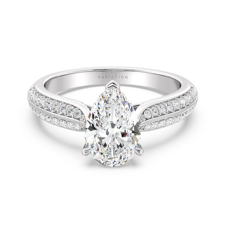 Elegant Pear Cut Lab Grown Diamond Engagement Ring with Pavé Band in 18K White Gold, highlighting a pear-shaped center stone and round pavé diamonds