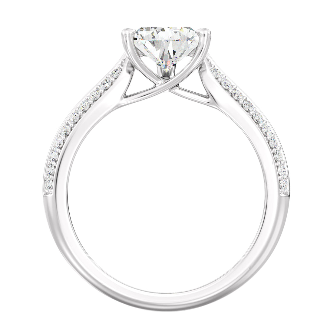 Elegant Pear Cut Lab Grown Diamond Engagement Ring with Pavé Band in 18K White Gold, highlighting a pear-shaped center stone and round pavé diamonds