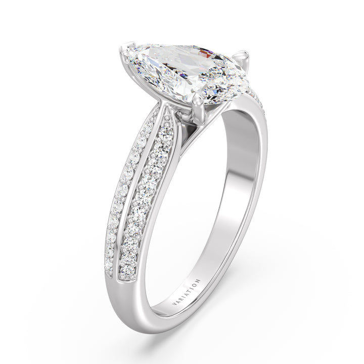 Elegant Pear Cut Lab Grown Diamond Engagement Ring with Pavé Band in 18K White Gold, highlighting a pear-shaped center stone and round pavé diamonds