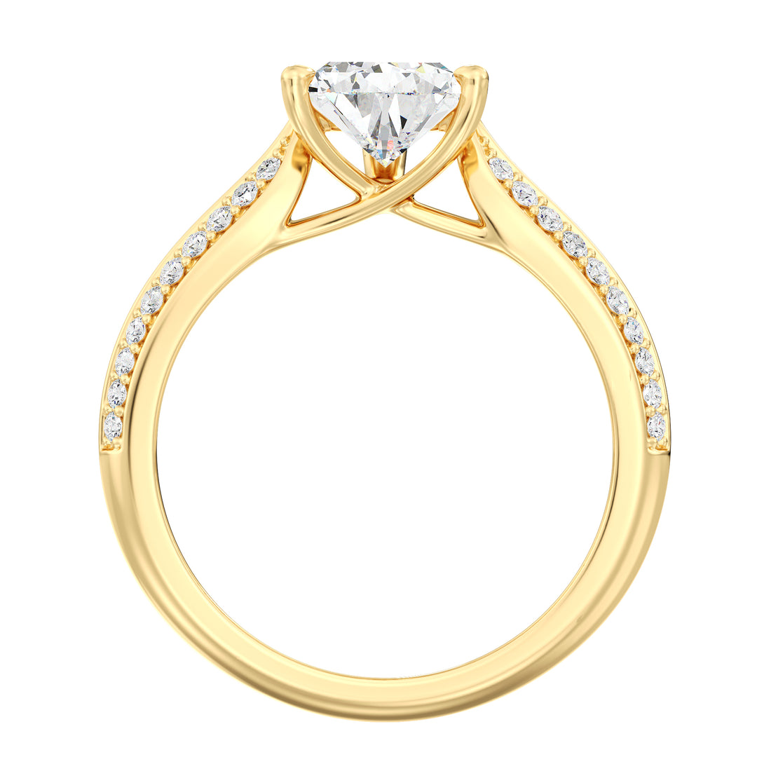 Elegant Pear Cut Lab Grown Diamond Engagement Ring with Pavé Band in 18K Yellow Gold, featuring a sparkling pear-shaped center stone and round pavé diamonds