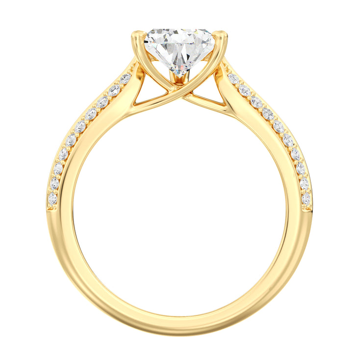 Elegant Pear Cut Lab Grown Diamond Engagement Ring with Pavé Band in 18K Yellow Gold, featuring a sparkling pear-shaped center stone and round pavé diamonds