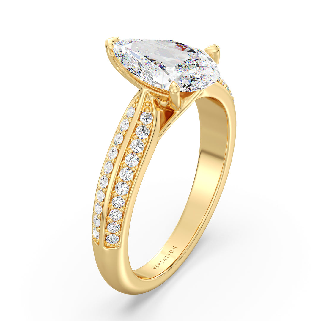 Elegant Pear Cut Lab Grown Diamond Engagement Ring with Pavé Band in 18K Yellow Gold, featuring a sparkling pear-shaped center stone and round pavé diamonds