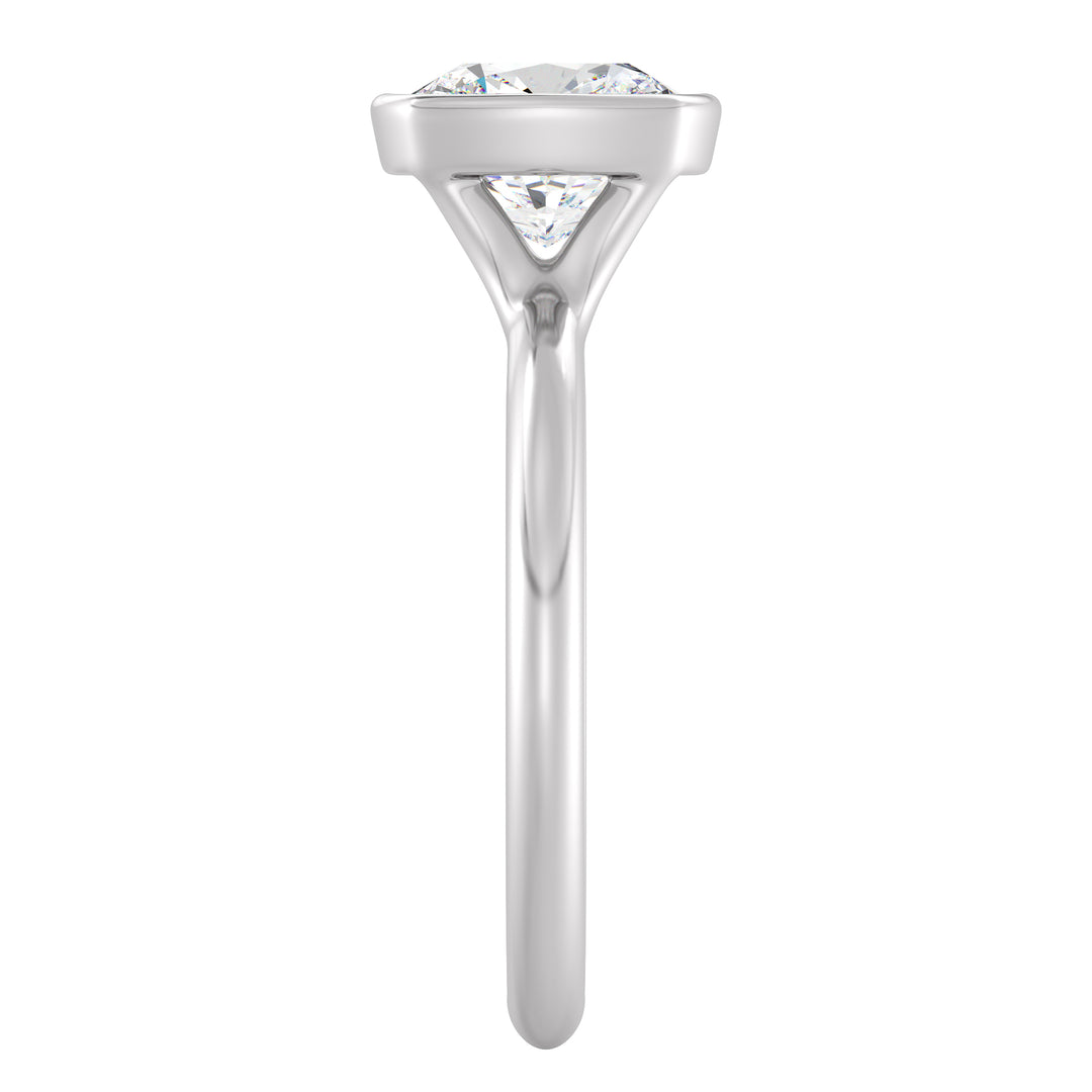 Elegant Square Cushion Cut Bezel-Set Lab Grown Diamond Solitaire Ring in white gold. Displays a stunning square cushion cut diamond set in a sleek bezel setting. Offered in 1.00ct, 2.00ct, 3.00ct, and 4.00ct carat weights.