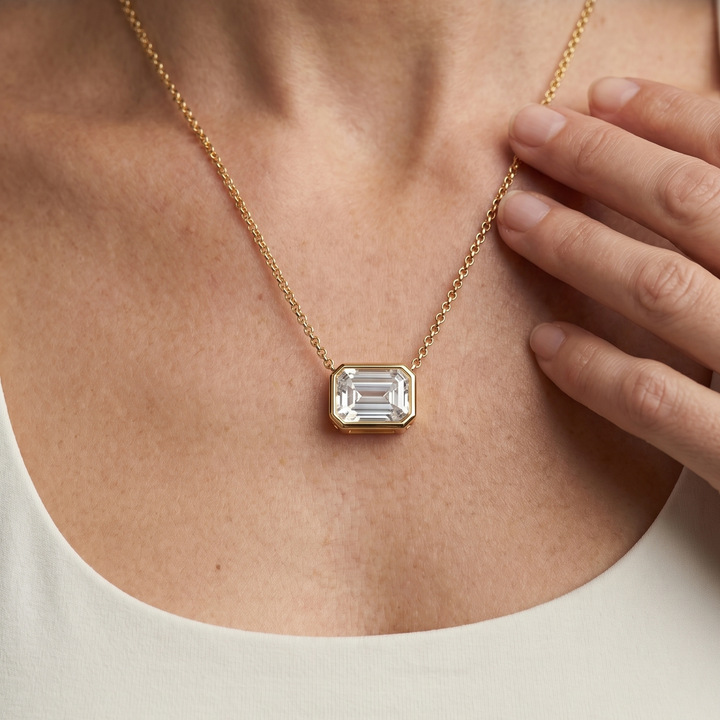 Emerald Cut Lab Grown Diamond Bezel Pendant Necklace
