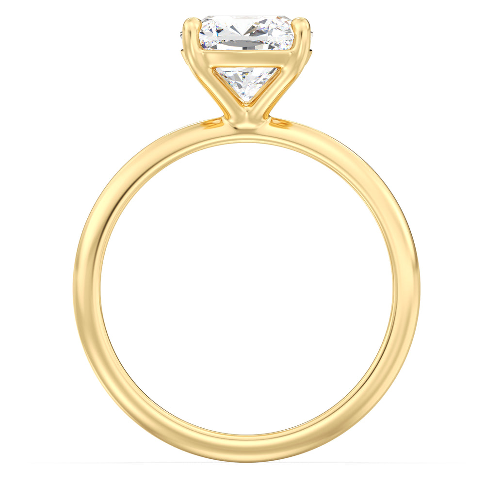 Cushion-cut lab-grown diamond engagement ring in 18K yellow gold, featuring a classic 4-claw prong setting. Available in 1ct, 2ct, 3ct, and 4ct carat weights