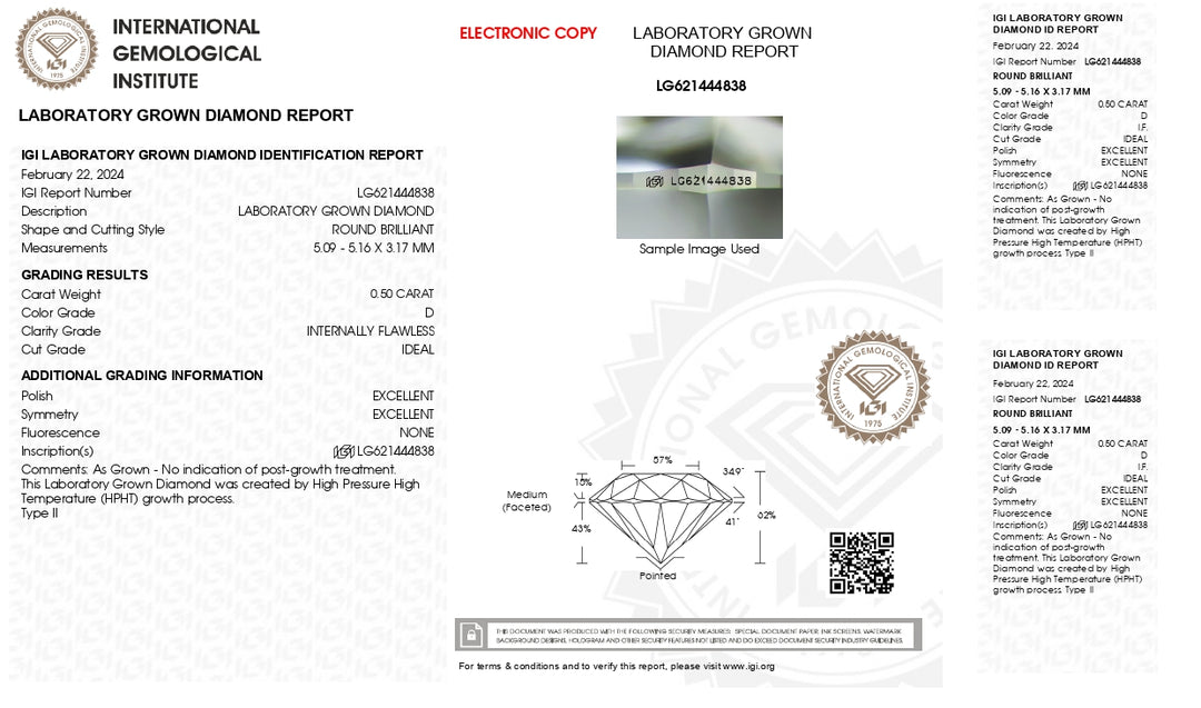 Udsøgt 0,50 ct rundskåret lab-dyrket diamant, IGI-certificeret, hvis klarhed, d farve