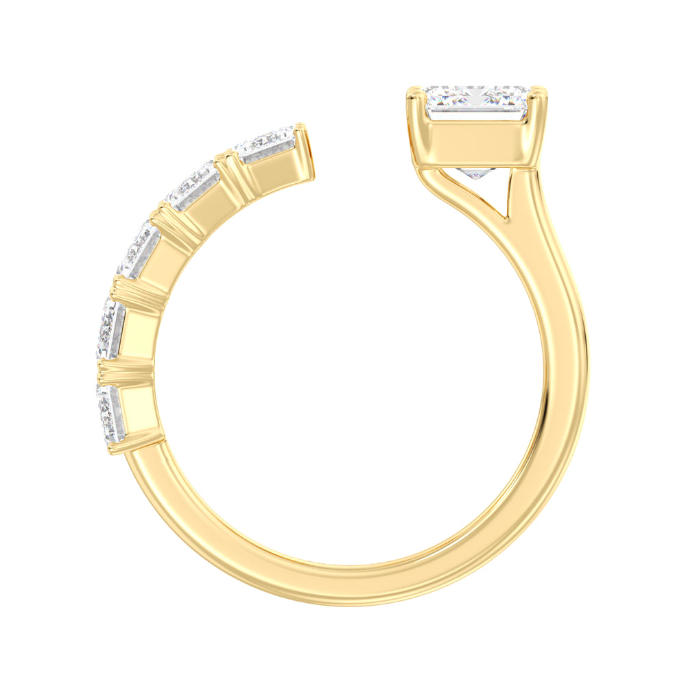 Floating Emerald-Cut Lab-Grown Diamond Ring in 18K Yellow Gold featuring a 2.00ct emerald-cut center stone and five 0.50ct floating emerald-cut diamonds in a prong setting. A modern Toi et Moi design with a sleek yellow gold band, perfect for stacking or as an anniversary gift.