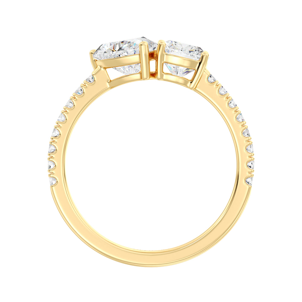 Heart & Cushion Two-Stone Lab-Grown Diamond 'Toi et Moi' Ring in 18K Yellow Gold. Featuring a 1.00ct heart-cut and a 1.00ct cushion-cut EF/VS lab-grown diamond in a classic prong setting, accented with 16 round-cut diamonds (0.24ct) on a sleek yellow gold band
