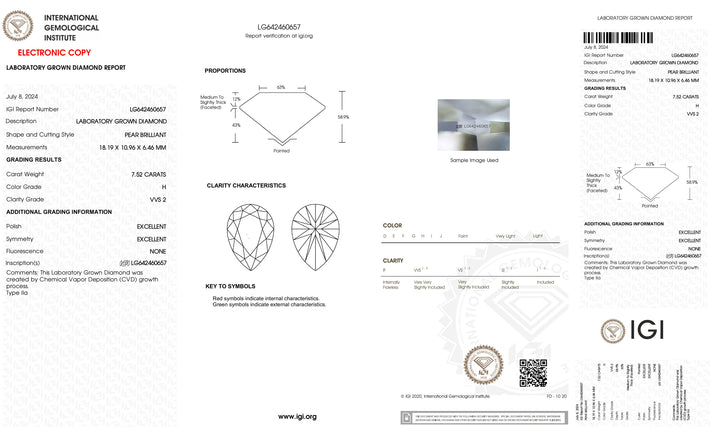 7.52 Carat Pear-Cut Lab-Grown Diamond | IGI Certified | H Color, VVS2 Clarity