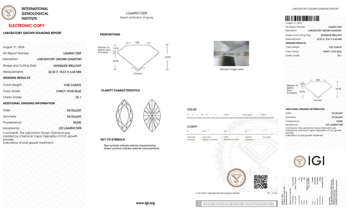 9.02 Carat Marquise-Cut Lab-Grown Diamond | IGI Certified | Fancy Vivid Blue, VS1 Clarity