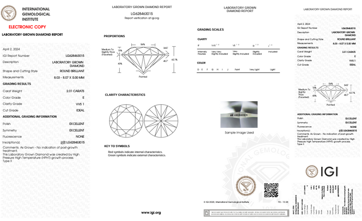 Diamant cultivé en laboratoire certifié IGI de 2,01 ct | Clarté VVS1 | Couleur E