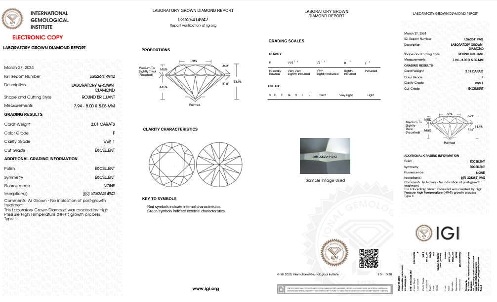 Diamant cultivé en laboratoire de couleur ronde certifié IGI 2,01 CT VVS1 F