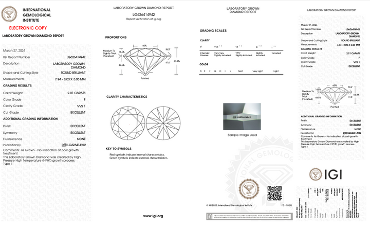 Diamant cultivé en laboratoire de couleur ronde certifié IGI 2,01 CT VVS1 F