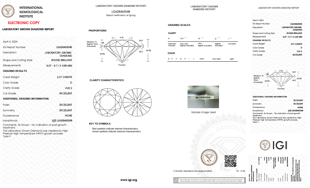 Diamant cultivé en laboratoire, taille ronde, certifié IGI, 2,01 ct, clarté VVS2, couleur D