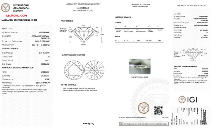 Diamant cultivé en laboratoire, taille ronde, certifié IGI, 2,01 ct, clarté VVS2, couleur D