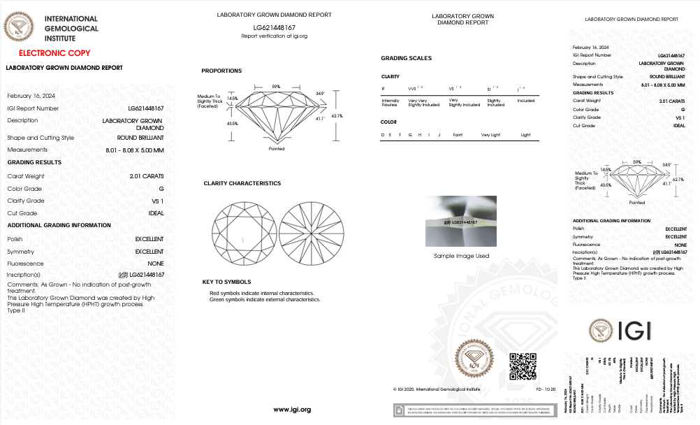 IGI-zertifizierter, im Labor gezüchteter Diamant im Rundschliff, 2,01 Karat, Reinheit VS1, Farbe G