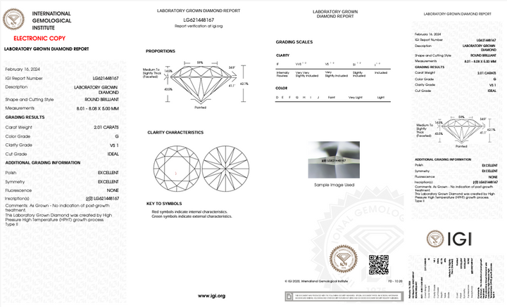 IGI-zertifizierter, im Labor gezüchteter Diamant im Rundschliff, 2,01 Karat, Reinheit VS1, Farbe G