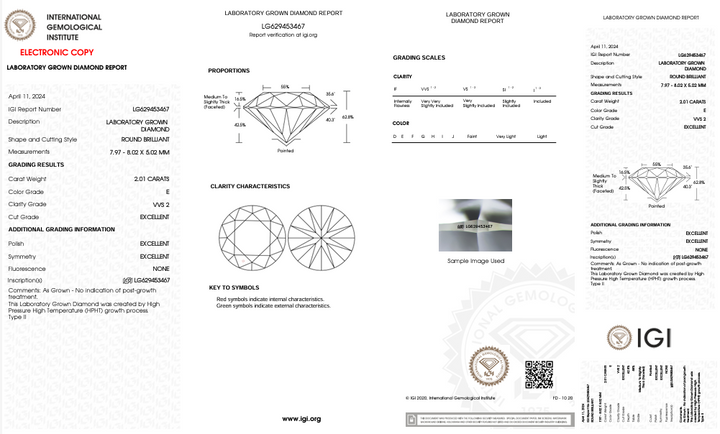 Diamant cultivé en laboratoire de couleur VVS2 E de coupe ronde certifié IGI de 2,01 CT