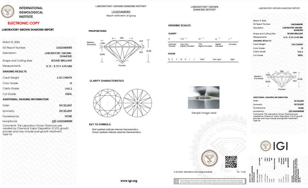 Diamant cultivé en laboratoire de taille ronde de 2,02 ct certifié IGI - Qualité de couleur VVS2/G