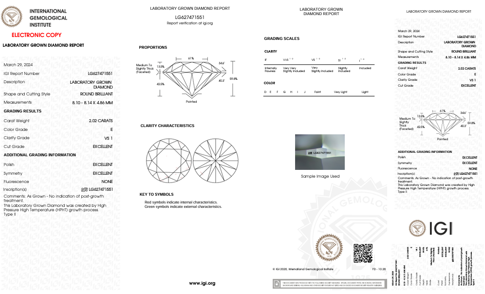 Diamant cultivé en laboratoire, taille ronde, certifié IGI, 2,02 ct, clarté VS1, couleur E