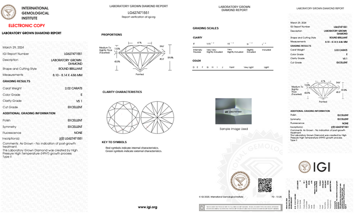 Diamant cultivé en laboratoire, taille ronde, certifié IGI, 2,02 ct, clarté VS1, couleur E