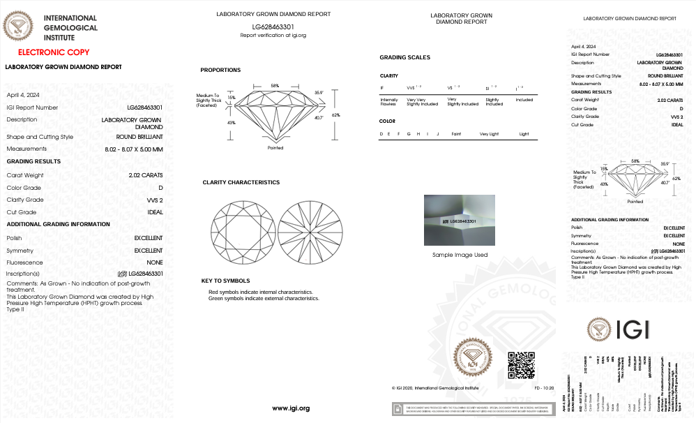 IGI-zertifizierter 2,02-karätiger, im Labor gezüchteter Diamant im Rundschliff, Reinheit VVS2, Farbe D