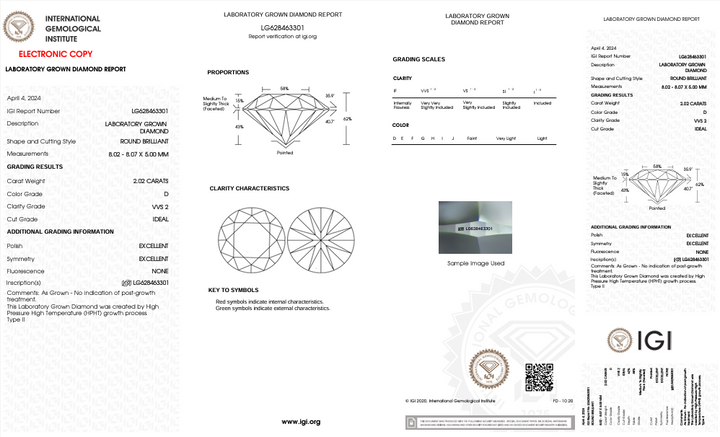 IGI-zertifizierter 2,02-karätiger, im Labor gezüchteter Diamant im Rundschliff, Reinheit VVS2, Farbe D